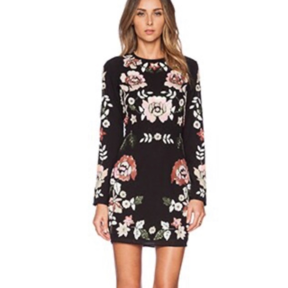 Needle & Thread Dresses & Skirts - Needle & Thread Floral Embellished Beaded Long Sleeve Black Dress | 2